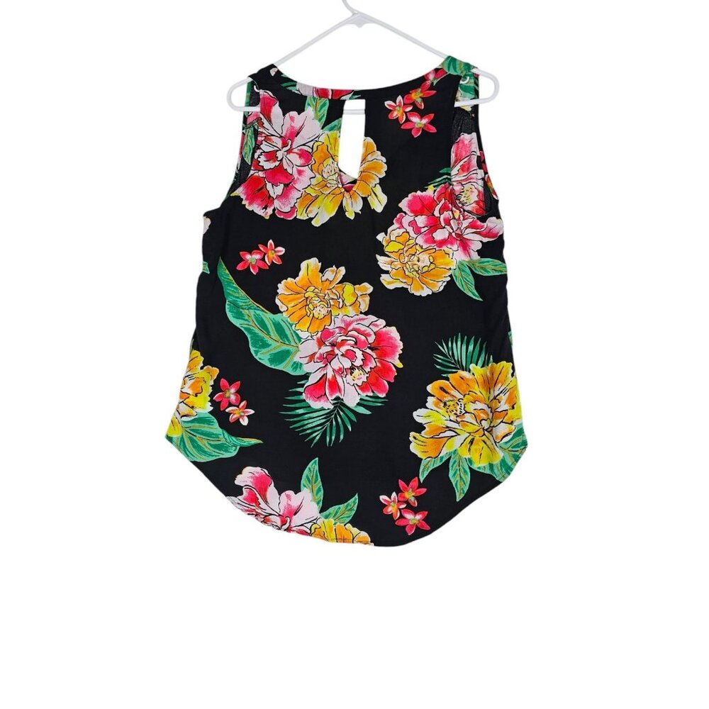 Old Navy V-neck Top Large Keyhole Sleeveless Black Tropical Sunset Print